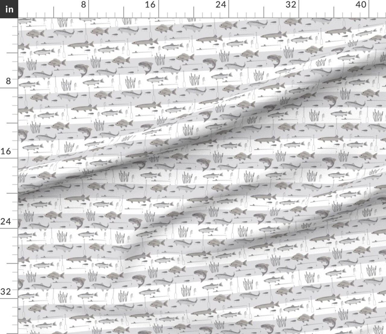 Gray Trout Bass Fish Hooks Fishing Lures White Lake River Custom Printed Fabric by Spoonflower Various Fabrics by the Yard or Fat Quarter